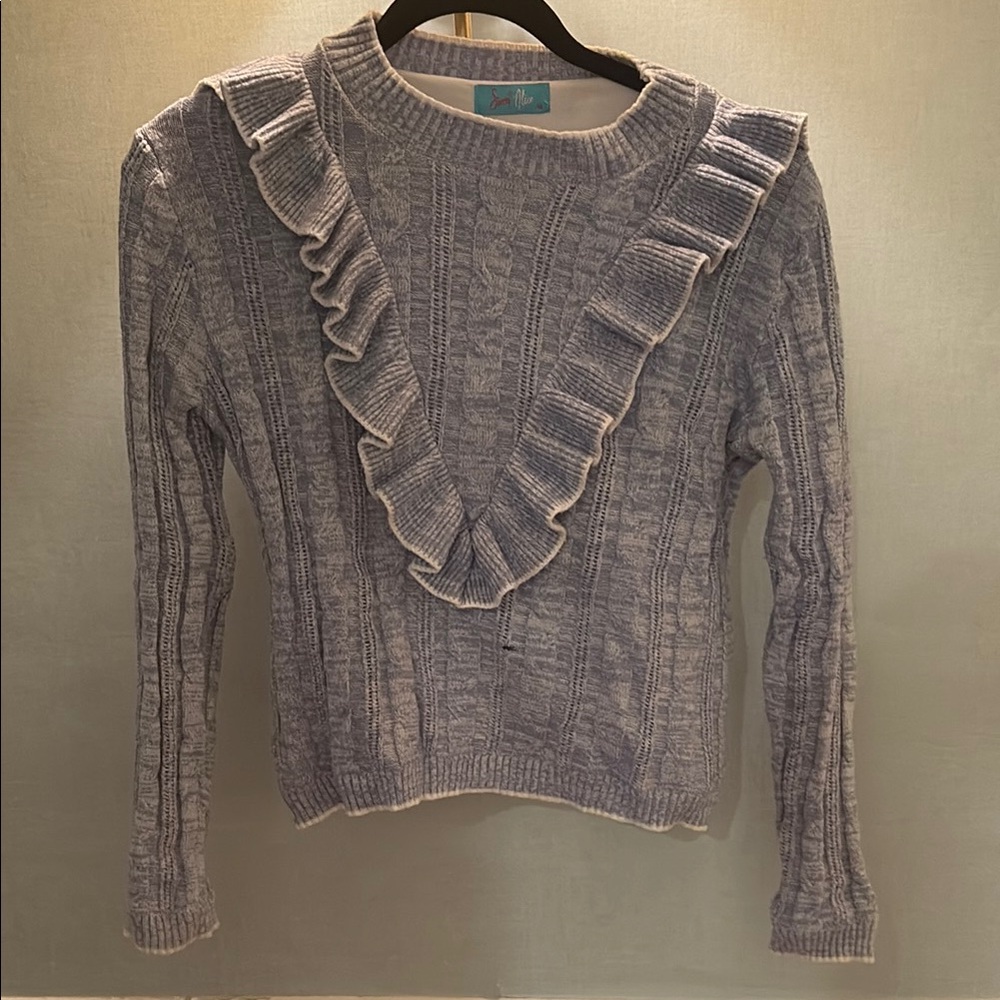 Light Blue Crew Neck Sweater with Ruffled Shouldwr Detail